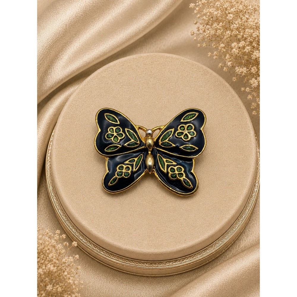 Vintage Cloisonne Enamel Butterfly Brooch Blue Green Floral Gold Tone Figural